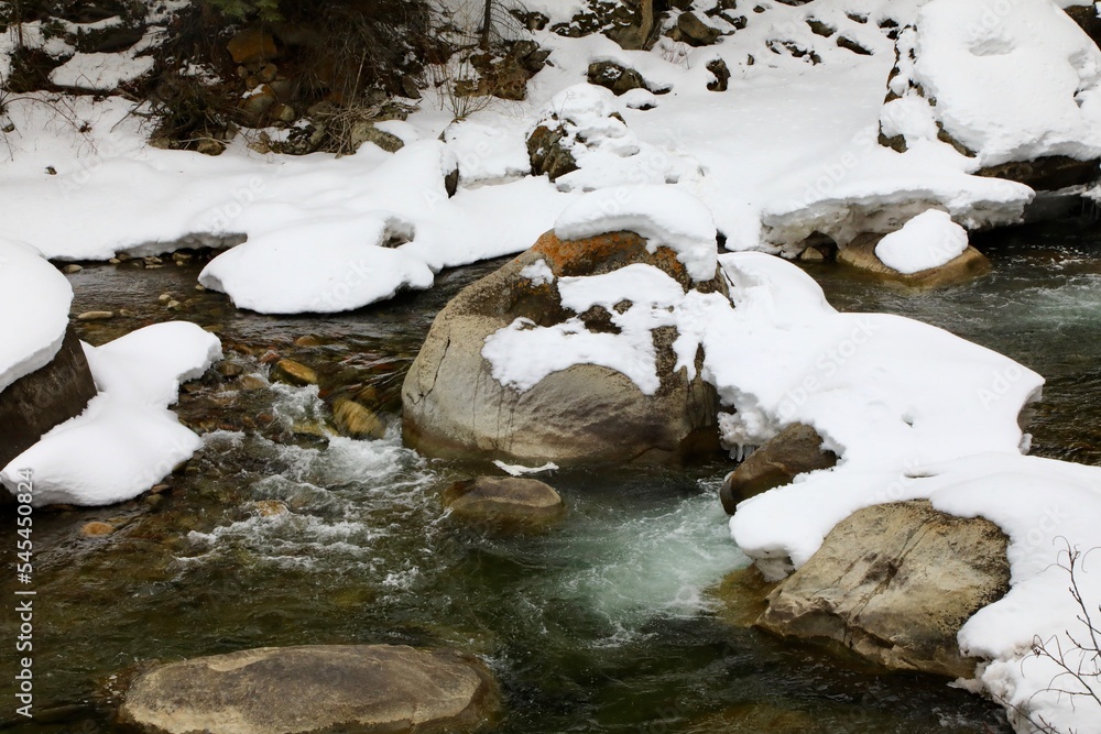 Cold mountain river flowing between the rocks Cold mountain river flowing between the rocks
