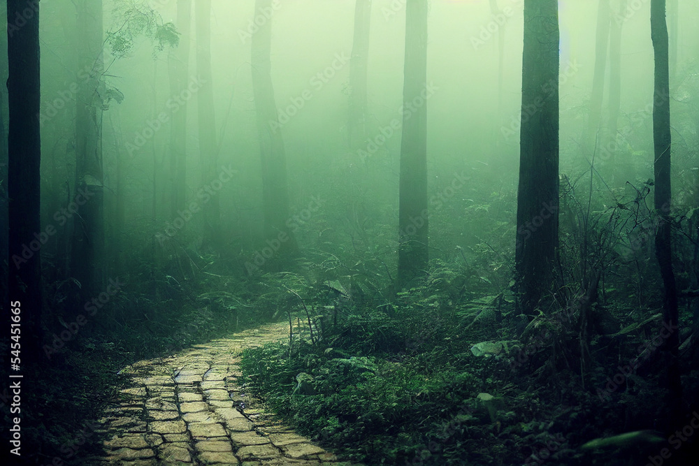 Naklejka premium tiled path through a mysterious foggy forest landscape