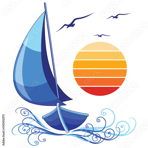 Sailing boat Stylized Abstract Vector Logo Design with Sun and Birds Flying isolated on white