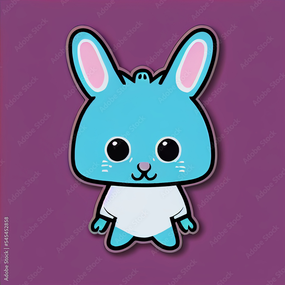 Fototapeta premium Blue cartoon rabbit sticker on purple background