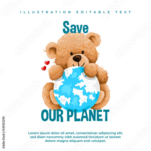 cute bear toy holding the earth illustration © pen of god studio