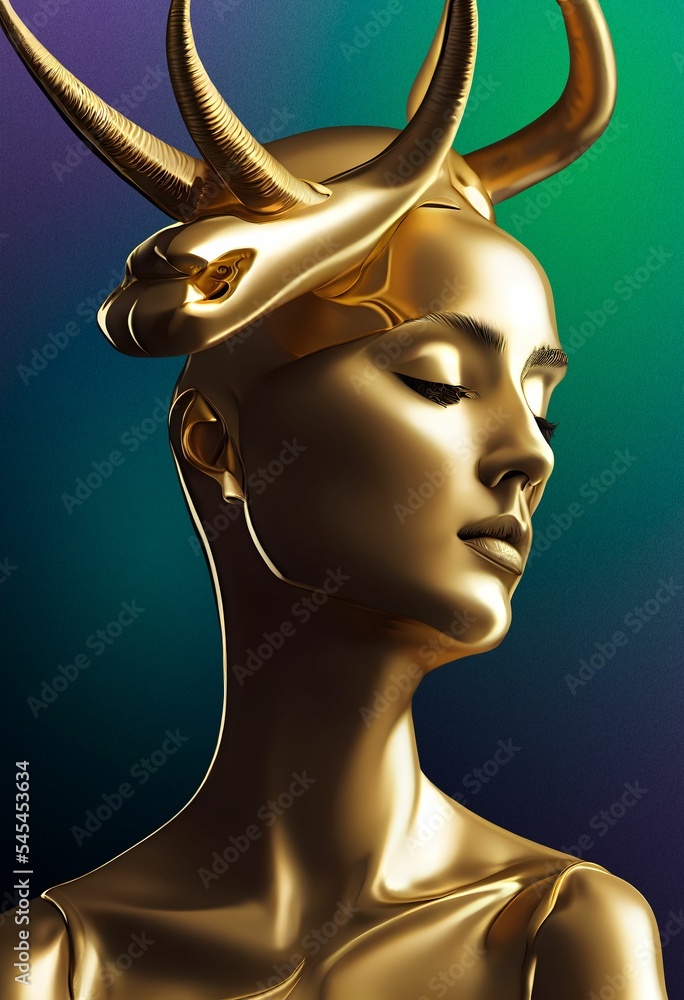 Vertical AI-generated illustration of a golden woman with a head decoration on a gradient background - obrazy, fototapety, plakaty 