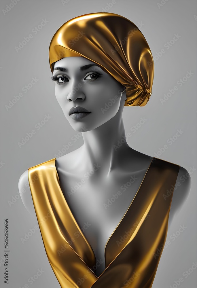 Vertical AI-generated of a white woman with a golden headband and dress on a white background - obrazy, fototapety, plakaty 