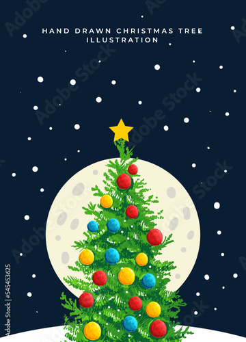 hand drawn christmas tree illustration with the moonlight