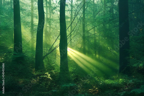 morning sunbeams in the green misty forest landscape  