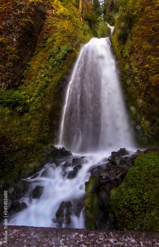 Vertical light exposure shot of wahkeena falls waterfall
