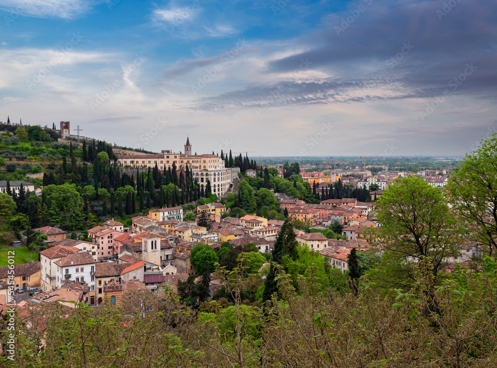 Panoramic rooftop view of he medieval town of Verona in Italy