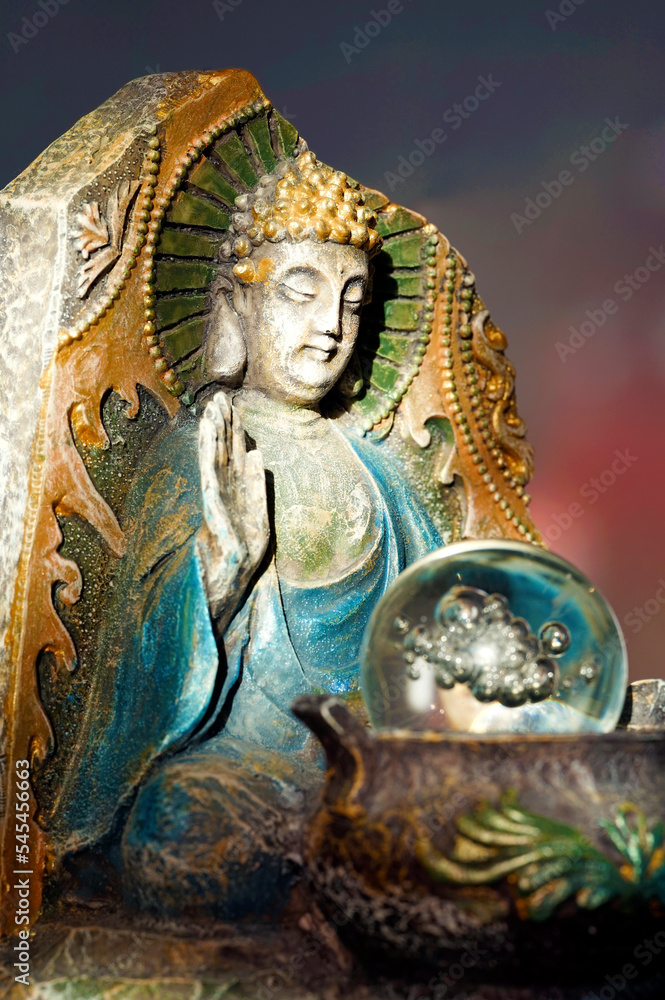 Meditating Buddha Statuette with Cauldron and Glass Ball