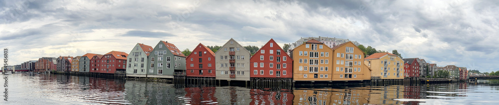 Panorama from Old buildings by the Nidelven (river) in Trondheim, Trøndelag, Norway, Scandinavia, Europe