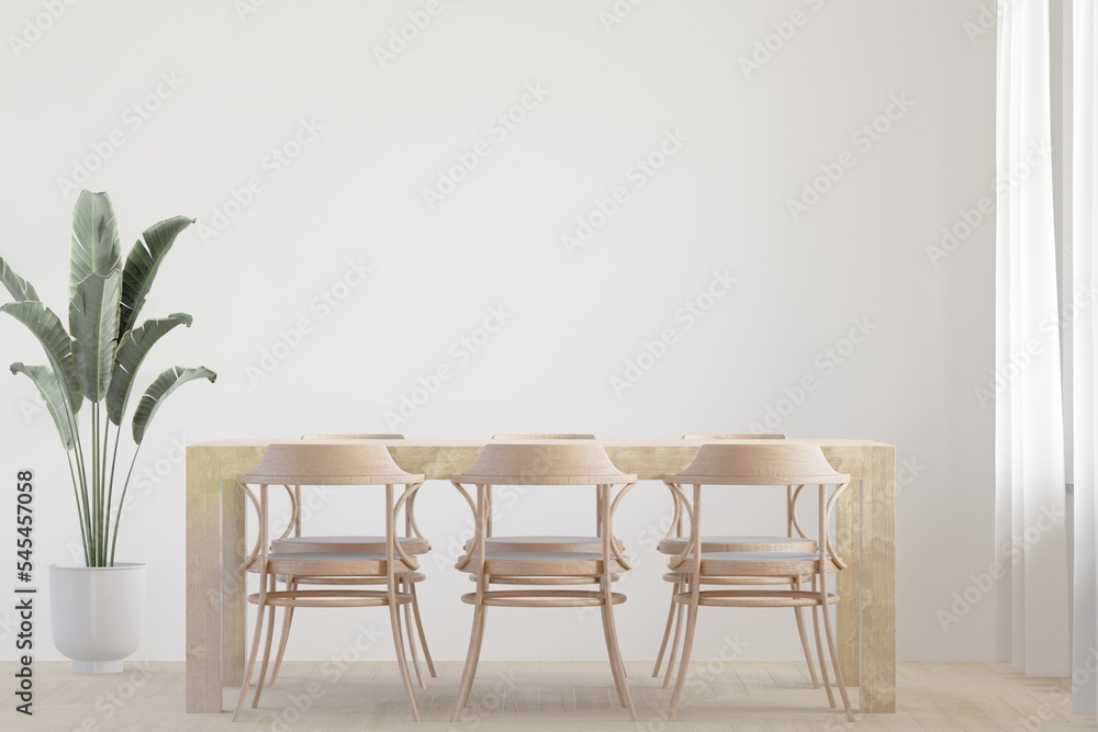 Dining room and kitchen copy space on white background, front view