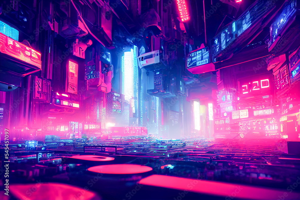 Colorful Cyberpunk metaverse city background. Concept art, Digital painting. Fantasy illustration.