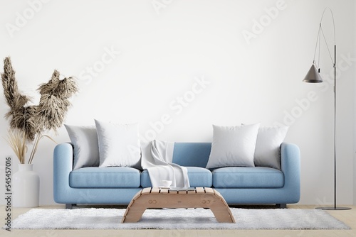 big white living room.interior design,blue sofa,lamp,wooden table,carpet wall for mock up and copy space...