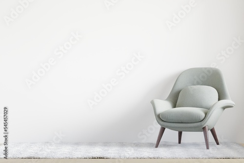 light green interior design ,big white room,white wall wooden floor and chair,carpet,cabinet light green -3d rendering- photo