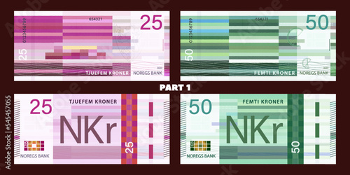 Vector game set of banknotes. The inscriptions in Norwegian mean - 25 and 50 crowns, bank of Norway. Obverse and reverse bills. Part 1