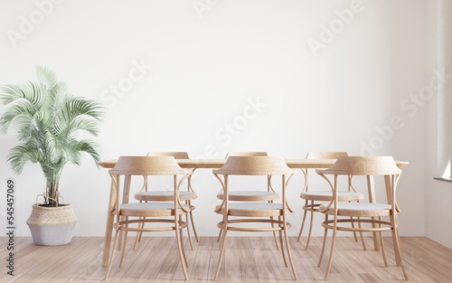Dining room and kitchen copy space on white background  front view dining table set wooden table on wooden floor Home interior. -3D rendering-.