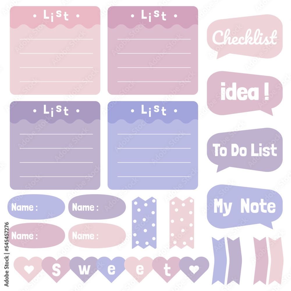 Cute paper notes. Stationary set. Scrapbook notes and cards.Printable planner stickers. To Do List note. Template for your message. Decorative planning element. Vector illustration. Cute paper notes. Stationary set. Scrapbook notes and cards.Printable planner stickers. To Do List note. Template for your message. Decorative planning element. Vector illustration.