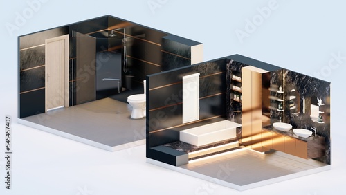 Dark themed isometric toilet isometric with marble and gold accents