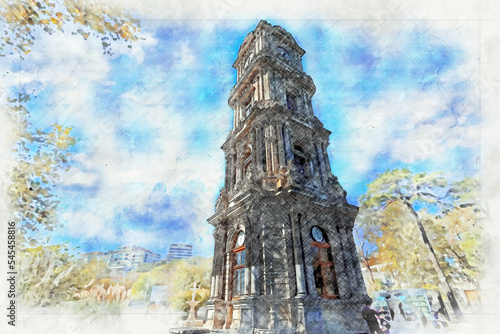Clock Tower in Dolmabahçe Palace - istanbul turkey , watercolor sketch work