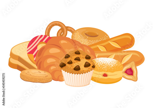 Pile heap of various pastries icon vector. Sweet and salty pastry still life illustration. Bakery and pastry products set vector isolated on a white background