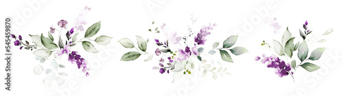 watercolor arrangements with flowers lavender. bouquets with  wildflowers, leaves, branches. Botanic illustration