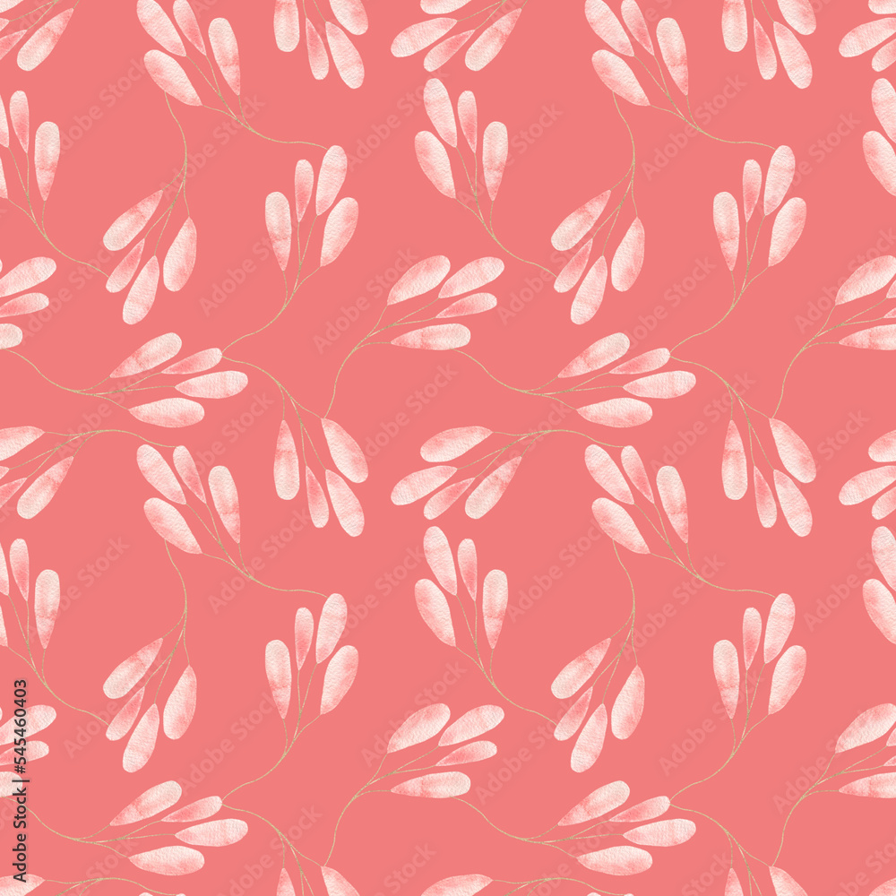 Watercolor pattern with delicate pink leaves, twigs with leaves, botanical illustration