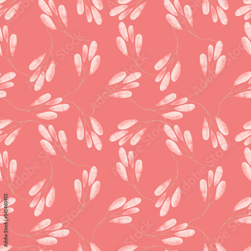 Watercolor pattern with delicate pink leaves  twigs with leaves  botanical illustration