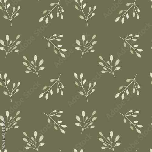 Watercolor pattern with golden leaves, twigs with leaves, botanical illustration