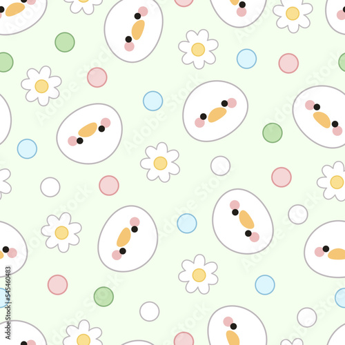 Seamless pattern of cute duck faces, flowers and dots on a green background. Kawaii style. Cartoon character design.