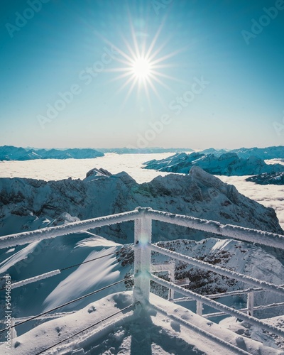 Vertical shot of frozen railings overlooking a vast winter landscape