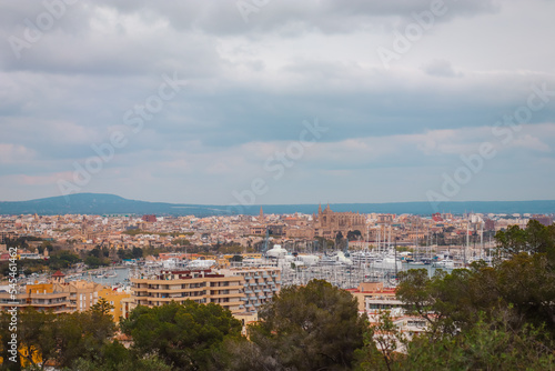 Cityscape of Palma de Mallorca with view of port and Santa Maria Cathedral