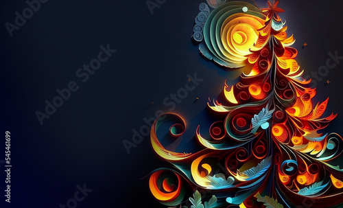 Fantasy paper quilling Christmas tree with gifts. Christmas card background.