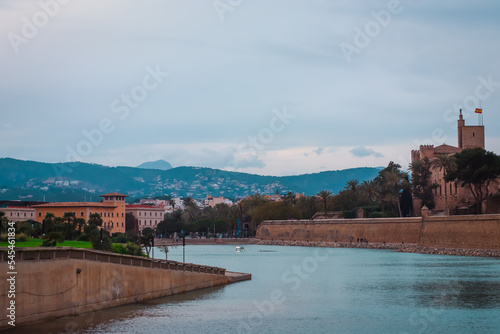 View of lake in front of Cathredral of Santa Maria, Palma de Mallorca, Spain photo