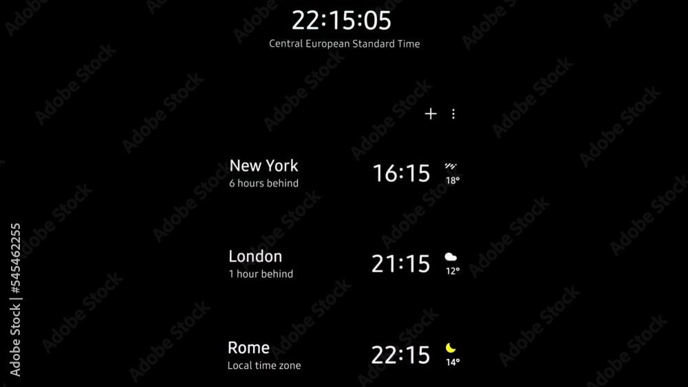 Time zones of New York, London and Rome compared to Central European Standard Time with weather indications, on a mobile screen black background. Time zones of New York, London and Rome compared to Central European Standard Time with weather indications, on a mobile screen black background.