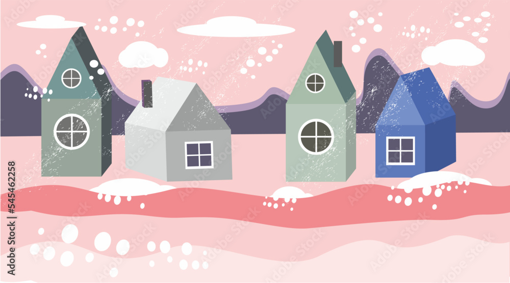 Urban snow-covered landscape with houses on the horizon. Winter and snow.At home in a small town.Pink tones