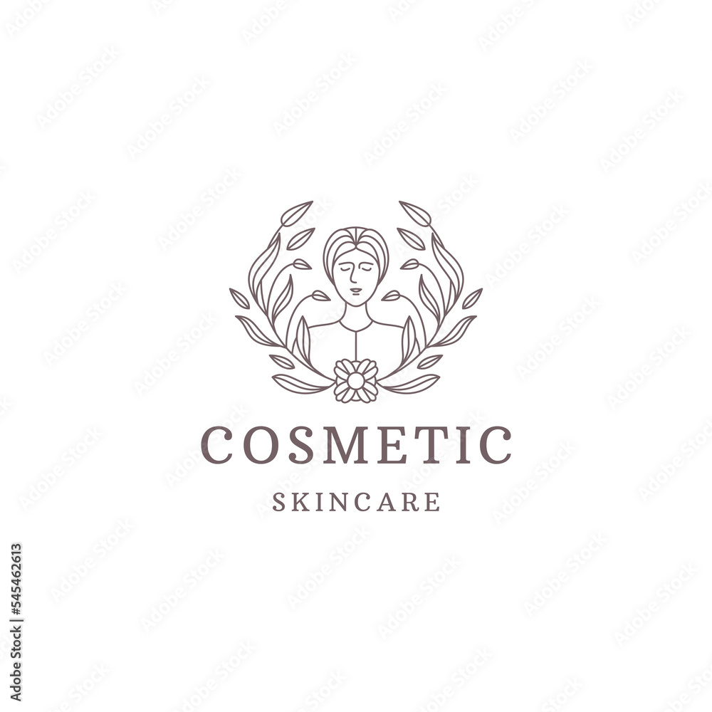 Woman face beauty cosmetic line logo design template flat vector