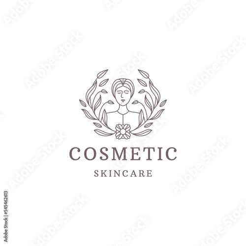 Woman face beauty cosmetic line logo design template flat vector