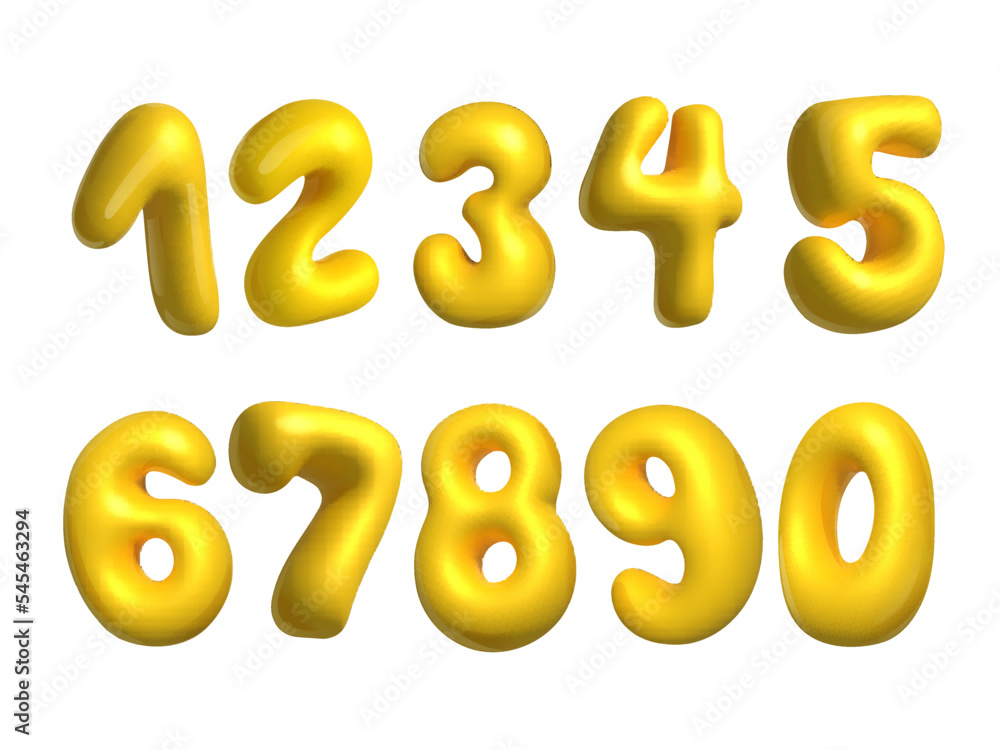 Yellow cartoon numbers from 0 to 9. Voluminous comic numbers. Bubble style font. Realistic 3d design. vector illustration Yellow cartoon numbers from 0 to 9. Voluminous comic numbers. Bubble style font. Realistic 3d design. vector illustration