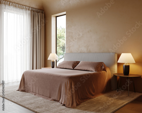 3d rendering of a minimal beige mustard relaxed boheme style summer Mediterranean bedroom with textured plastering on the walls  earthy tones and a comfortable bed with duvet and quilt. 