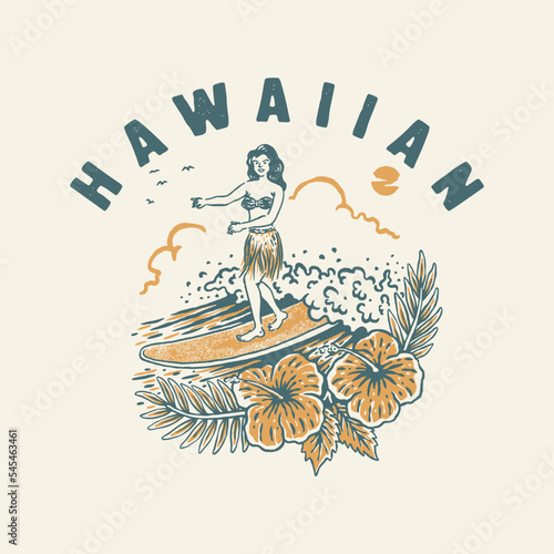 surf illustration hula graphic beach aloha design tropical vintage