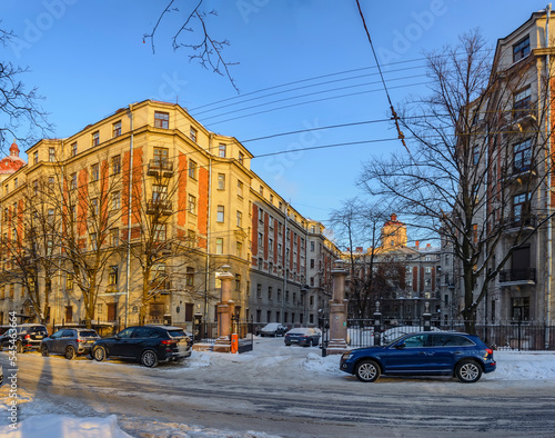 Snow-covered streets of the Petrograd side of St. Petersburg.