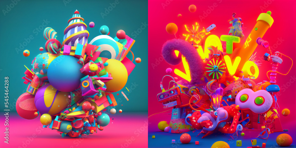 Christmas holiday mood, gifts toys, Christmas toys, neon light, Christmas tree, Color explosion, 3D render, Composition, Balls, New Year mood, collection, background with circles