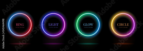 Neon light glow. Led circles. Green space frame. Abstract red ring. Purple and blue illuminated line. Pink and yellow round gradients. Bright luminescent borders set. Vector background