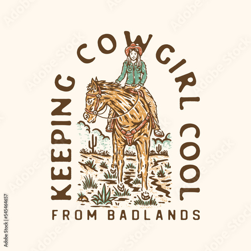 cowgirl illustration horse graphic lady design vintage badge desert