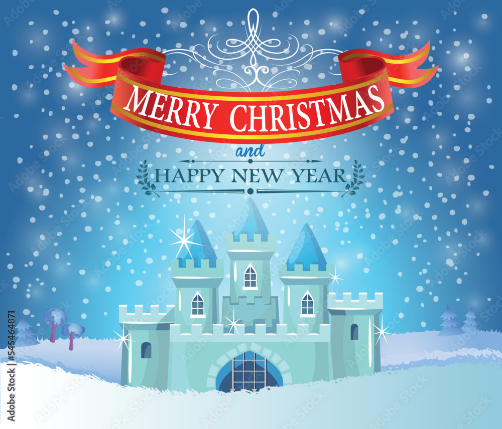 Christmas greeting card in vintage style with ice princess castle