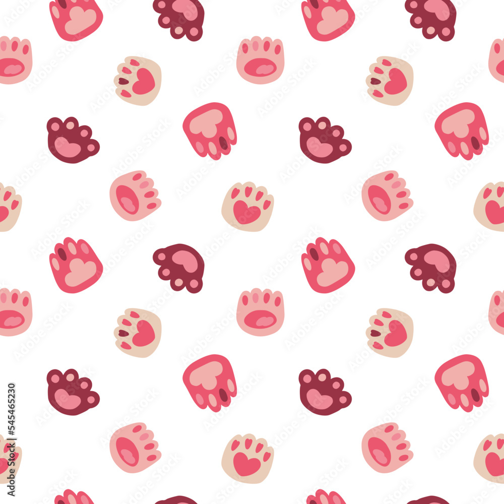 Cat paw pattern, kitten and dog hearts. Cute repeat of animal logo, kitty claws, calico pet signs. Decor textile, wrapping paper, wallpaper. Meow characters hands. Vector seamless background Cat paw pattern, kitten and dog hearts. Cute repeat of animal logo, kitty claws, calico pet signs. Decor textile, wrapping paper, wallpaper. Meow characters hands. Vector seamless background
