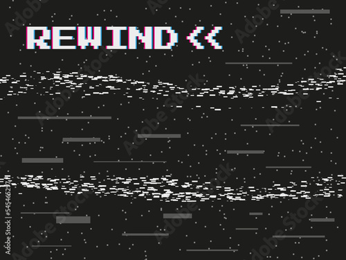 VHS rewind. Glitch video distortion effect. Play noise. Player interface with arrow sign. Television videogame pixels. Grainy black display. Dark abstract background. Vector concept photo