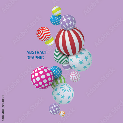 Abstract graphic balls. 3D background. Geometric circle shapes. Patterned spheres composition. Striped or spotted ornament. Art balloons. Bubbles dynamic motion. Vector modern design