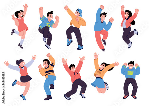 Happy teenagers. Celebrate people, characters have fun. Young man and woman persons on party, birthday celebration. Boys and girls jumping and smiling. Vector cartoon flat style concept