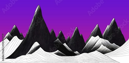 Papier peint Illustration of black and white sketches of rocky mountains on the brightly-colo