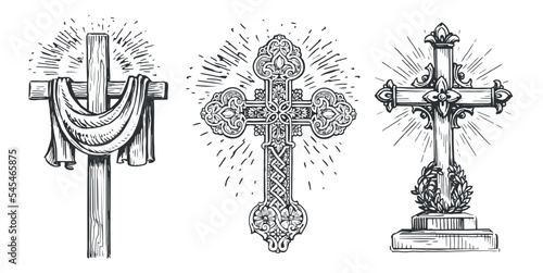 Cross symbol of faith in God. Biblical sign. Catholicism, christianity religious elements. Vintage vector illustration